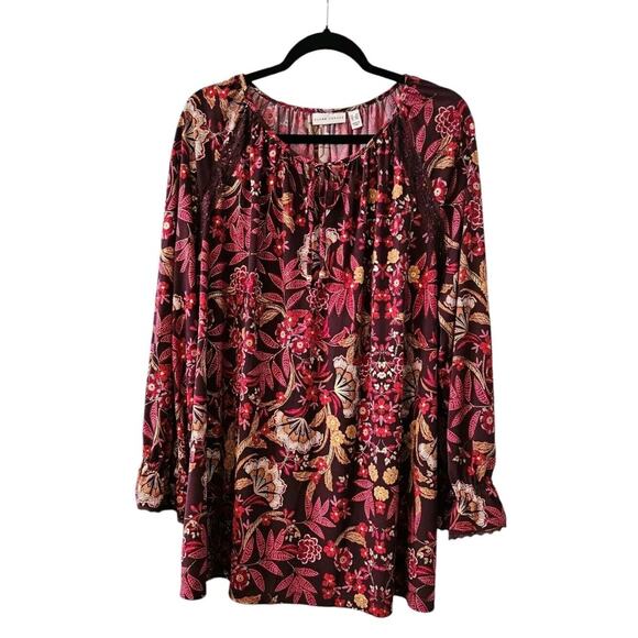 Susan Graver Top Womens 3X Purple Floral Long Sleeve Ruffle Keyhole Tie Neck - Picture 1 of 12